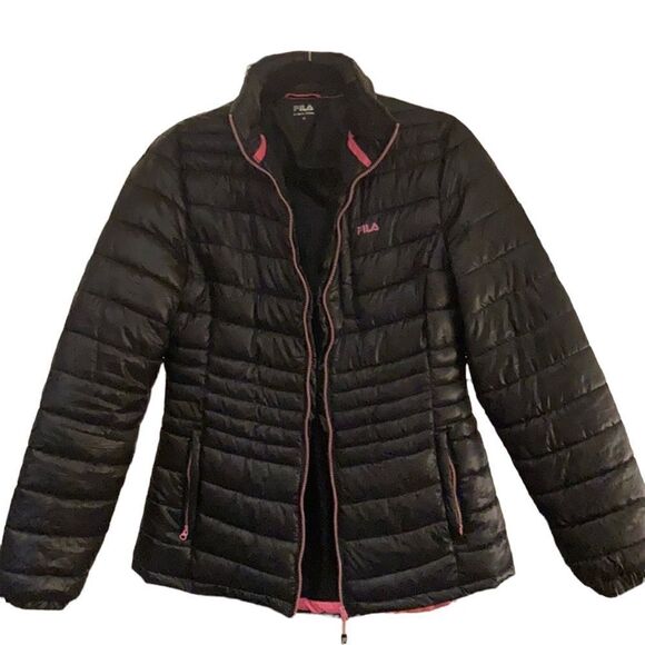 FILA Black Puffer Jacket with Breast Cancer Awareness Pink Ribbon on Sleeve - Picture 1 of 7